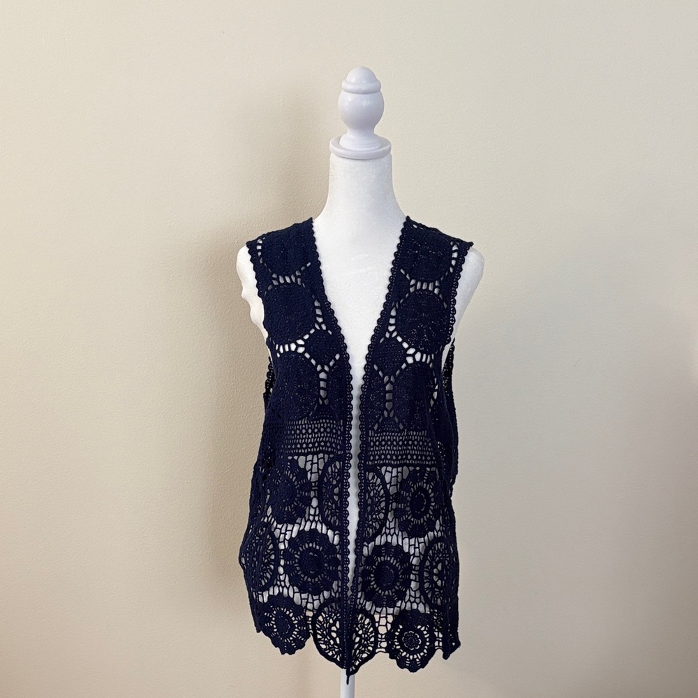 Navy Crochet Sleeveless Vest